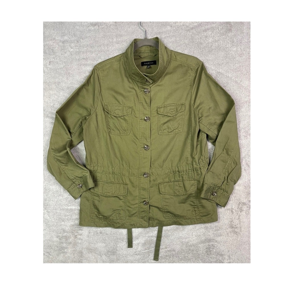 Talbots Olive Green Cotton Linen Blend Utility Field Jacket Size L Pockets Cinch